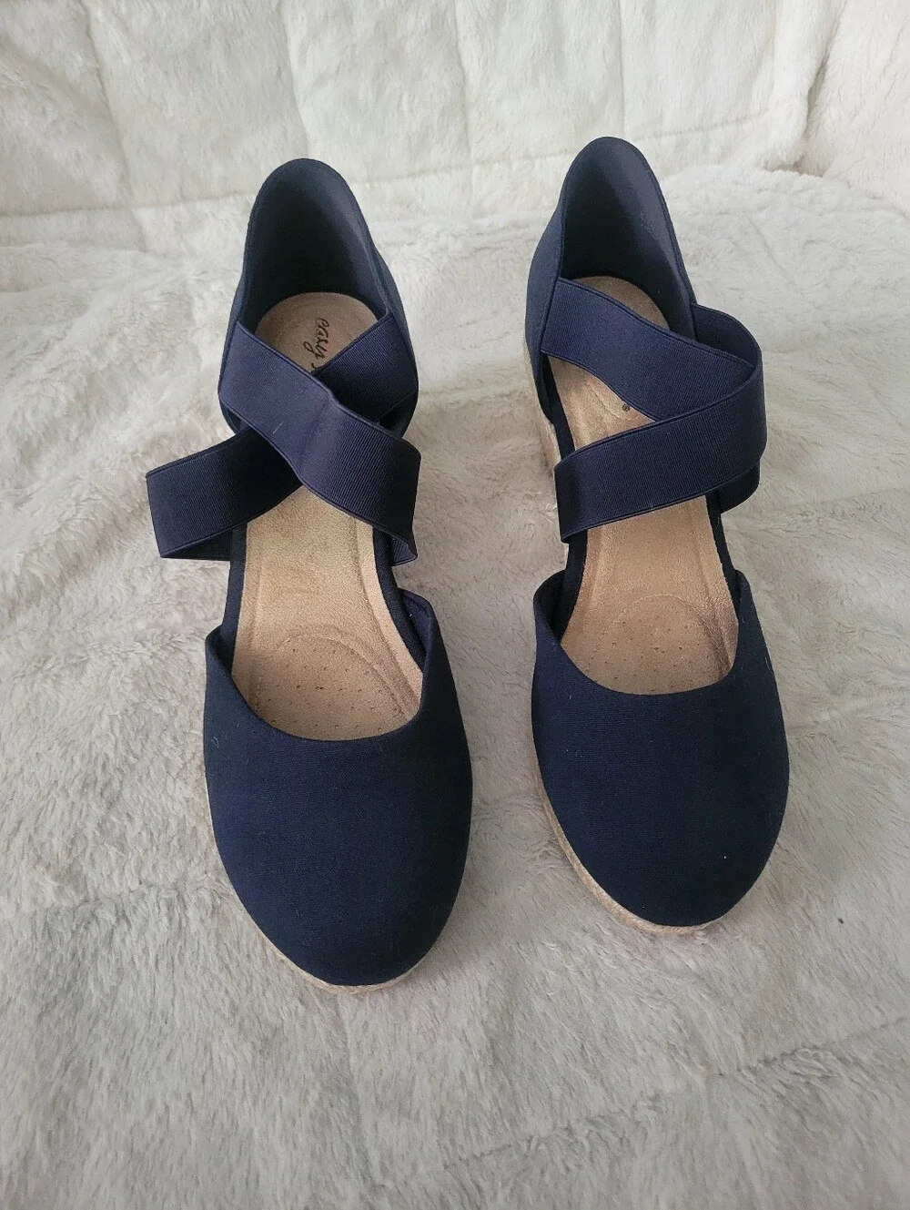 easy street Navy Espadrille Wedge Sandals with Elastic Cross Straps Size 11W